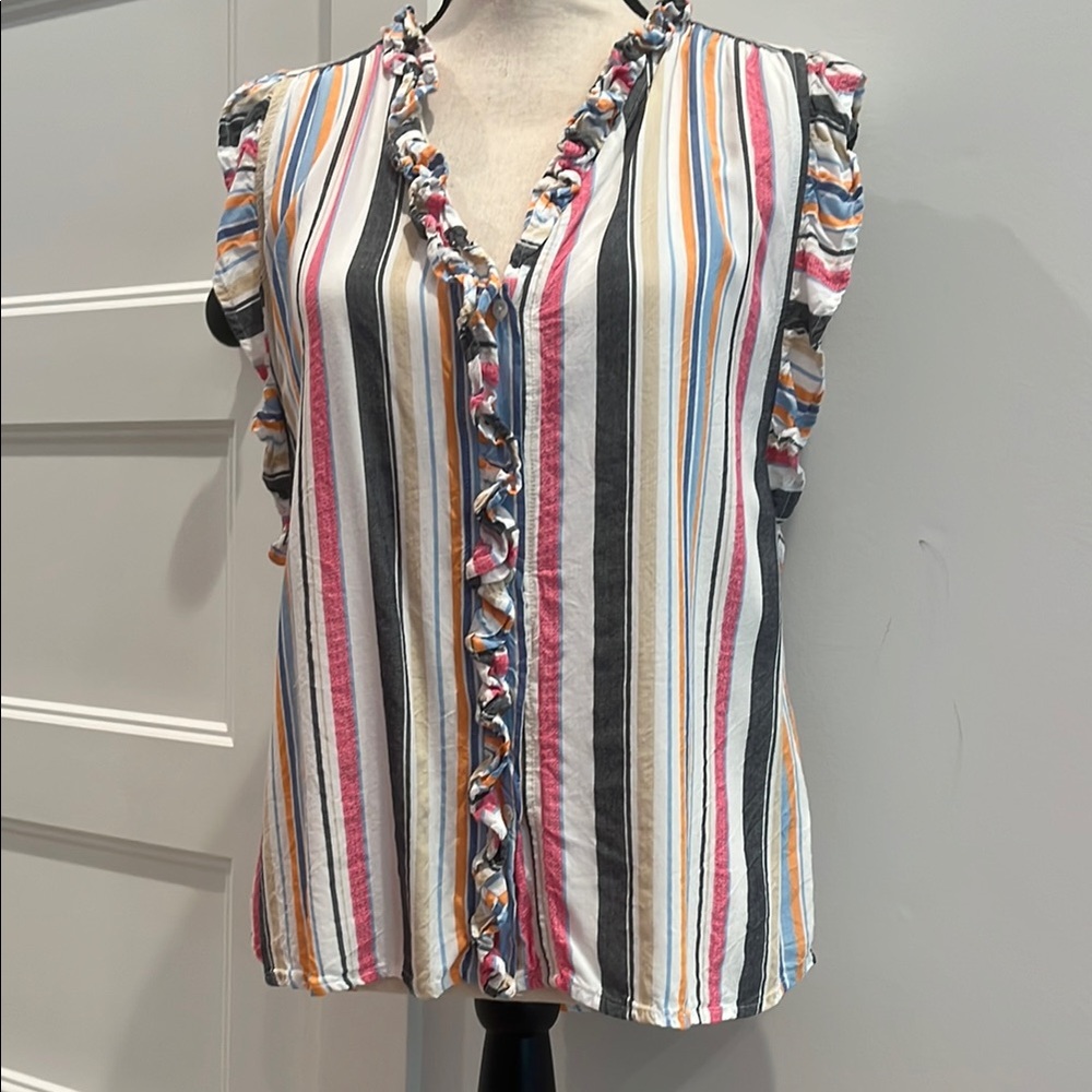 Dylan Striped Ruffle Sleeveless Blouse